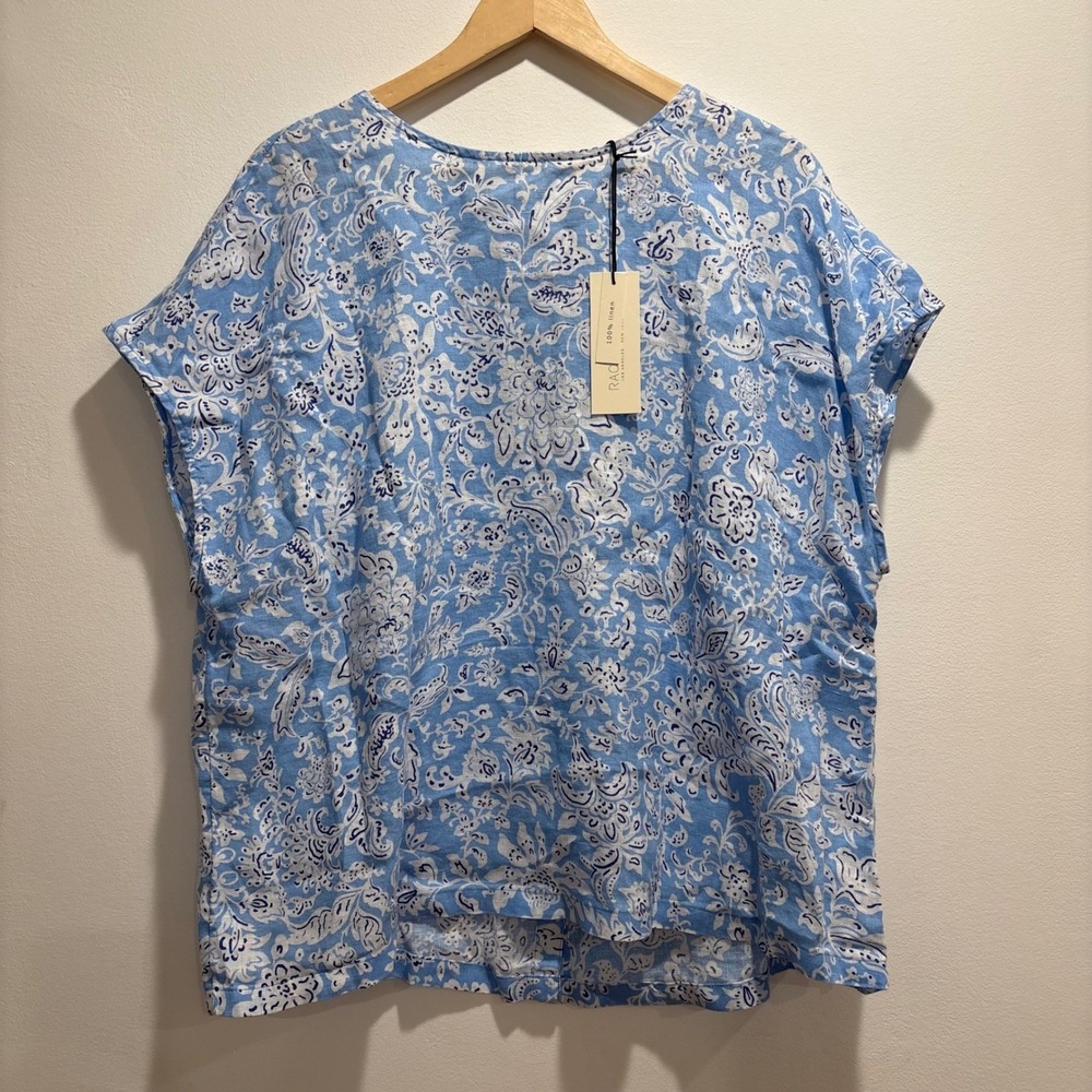 Rachel Zoe Blue White Paisley Floral 100% Linen Button Back Blouse Top 1X Resort